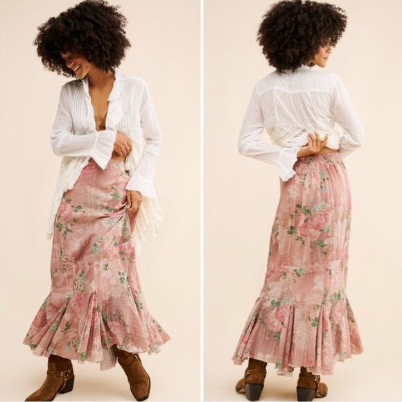 Free People XL Ethereal Dainty Cottage Bordeaux Floral Ruffle Maxi Skirt